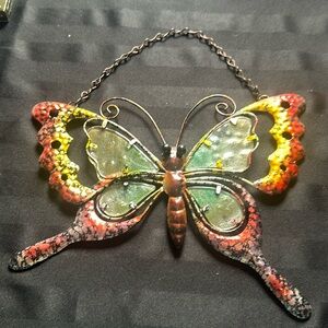 Cottagecore shabby chic metal and glass hanging butterfly home or garden decor